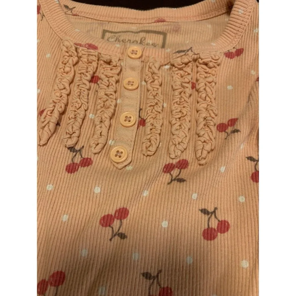 Cherokee 24M Peach Cherry Print‎ Henley Bodysuit Button Ruffle